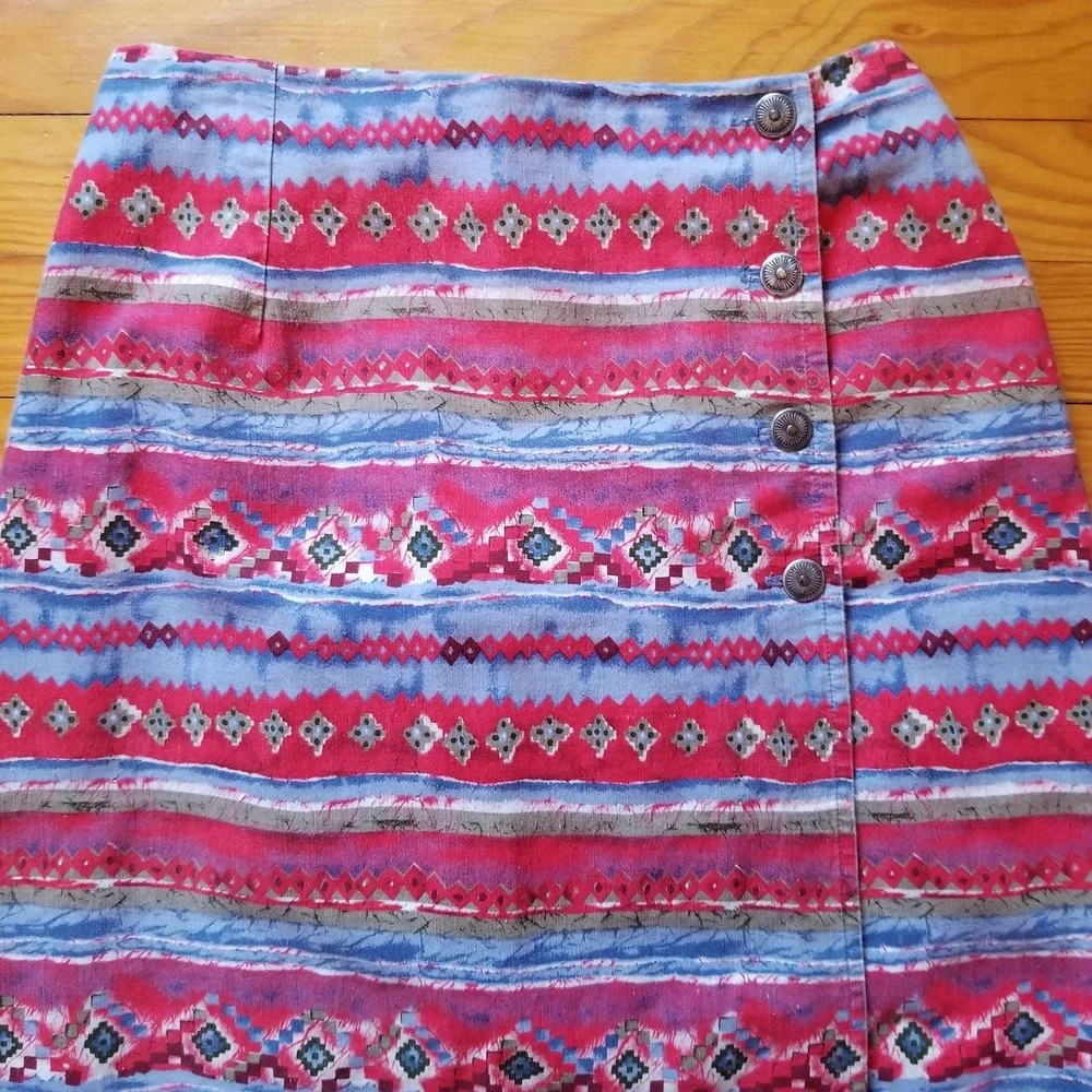 Coldwater Creek M Aztec Southwest Denim Wrap‎ Skirt Back Slit Maxi Western
